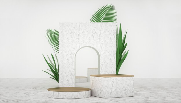 3d rendering of abstract geometric background with plant decoration for product display