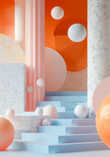 Photo 3d rendering of an abstract geometric scene with podiums and spheres in pastel colors