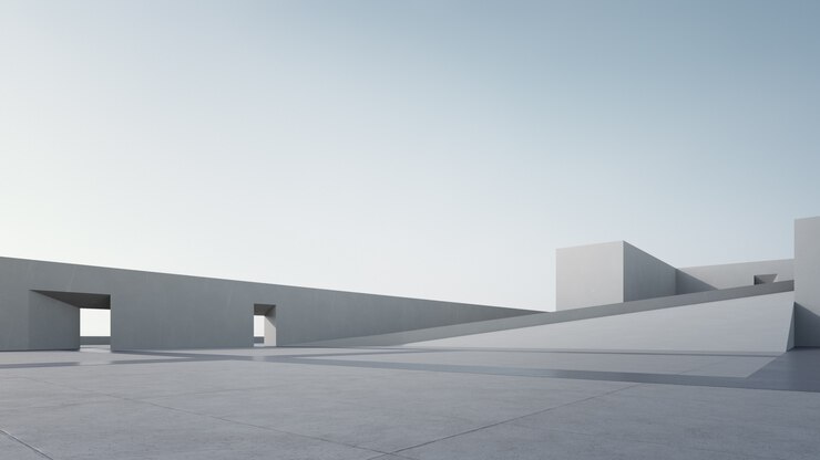Photo 澄んだ空と抽象的な灰色の建物の3 dレンダリング。