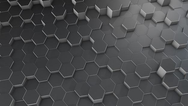 3D rendering of abstract hexagonal geometric aluminum surfaces in virtual space