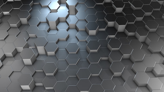 3D rendering of abstract hexagonal geometric aluminum surfaces in virtual space