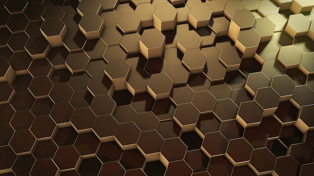 3D rendering of abstract hexagonal geometric golden surfaces in virtual space