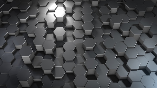 3d rendering of abstract hexagonal geometric metallic surfaces in virtual space