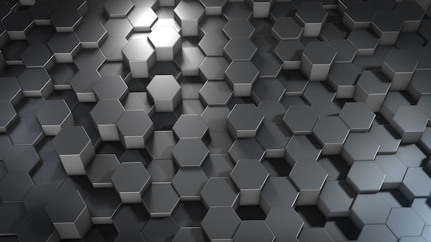 3D rendering of abstract hexagonal geometric metallic surfaces in virtual space