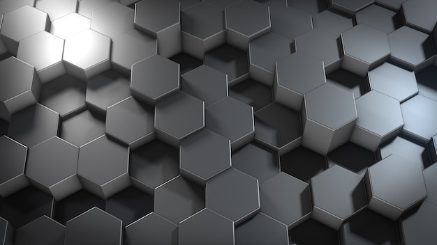 3D rendering of abstract hexagonal geometric metallic surfaces in virtual space