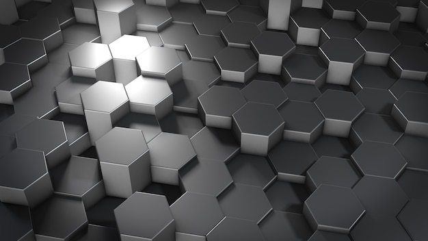 3D rendering of abstract hexagonal geometric metallic surfaces in virtual space