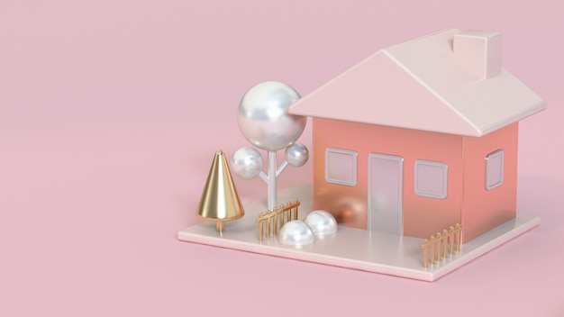 3d rendering abstract house pink,rose gold metallic tree