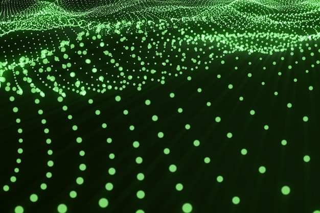 3d 렌더링 추상 풍경 배경 사이버 공간 그리드 3d 기술 흐름 웨이브 녹색 선과 점