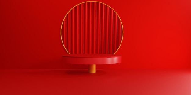 3D rendering abstract leeg podium op donkerrode achtergrond met podium en cirkelvormig podium Gouden pijler in het midden voor product minimale presentatie cosmetica staan Chinees Nieuwjaar verkoop kopieerruimte