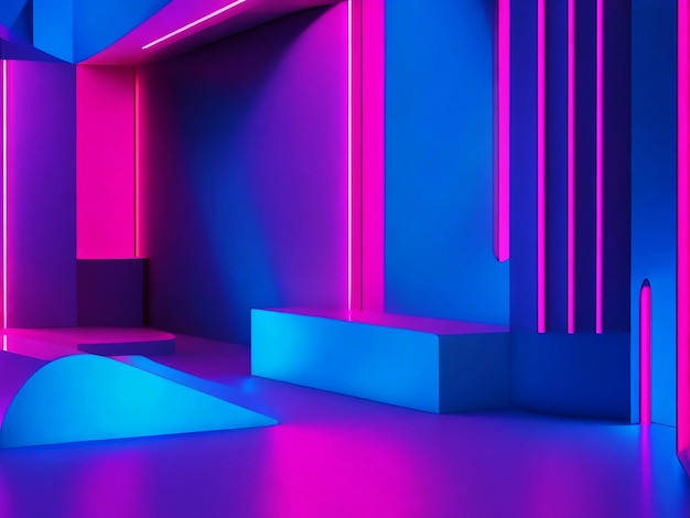 3D-рендеринг абстрактного неонового фона с восходящими розовыми и синими светящимися линиями AIGenerated