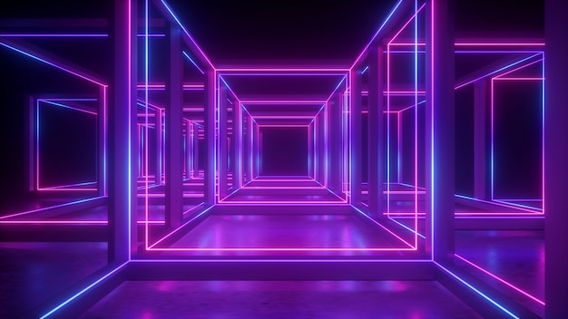 Rendering 3d di neon astratto geometrico con forma cubica e linee luminose