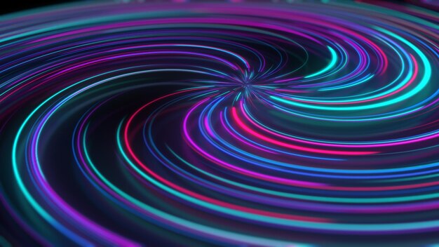 Photo 3d rendering abstract neon spiral with reflection in the form of light paths of different colors