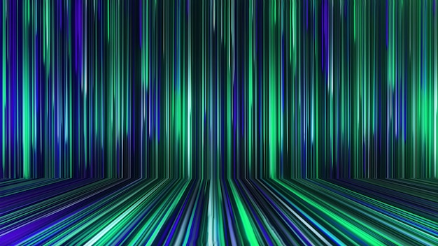 3D rendering of an abstract panoramic neon background with glowing rays