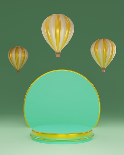 3 D レンダリング熱気球と抽象的な表彰台シーンの背景製品プレゼンテーションのモックアップ ショー化粧品
