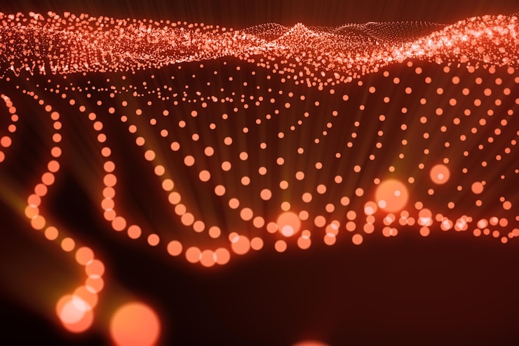 Photo 3d rendering abstract polygonal wave background with connecting dots and lines connection structure computer hud flow wave red lines and dots