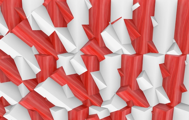 3d 렌더링. 추상 임의의 흰색과 빨간색 형태가 기하학적 디자인 벽 배경.