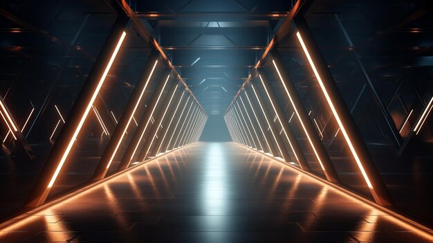 3D Rendering of Abstract Realistic Triangle SciFi Corridor with Illuminated Grid