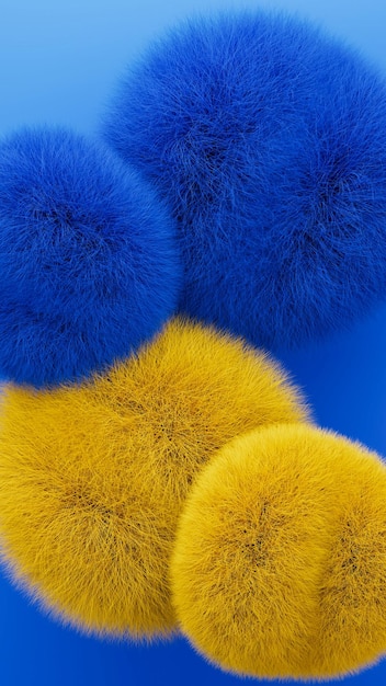 3d rendering abstract soft furry shapes Balls in yellow and blue colors Vertical story background illustration Creative realistic art elements Flying render scene