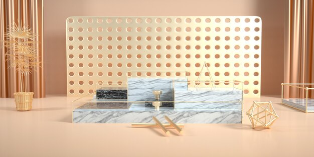 3d rendering of abstract stage background with marble podium for product display