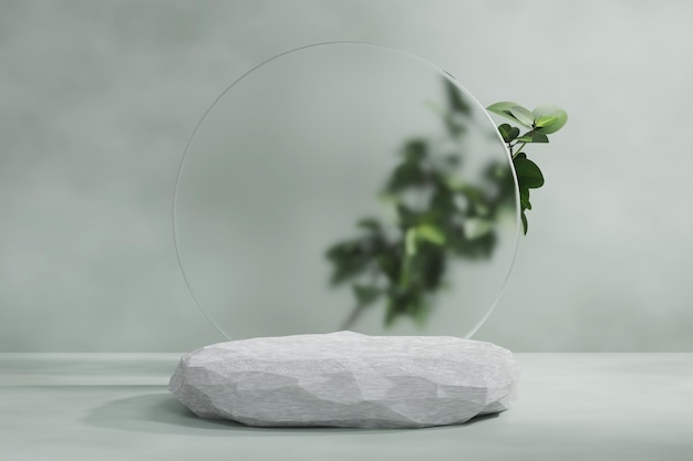 Photo 3d rendering abstract stone platform podium product presentation with plant and glass