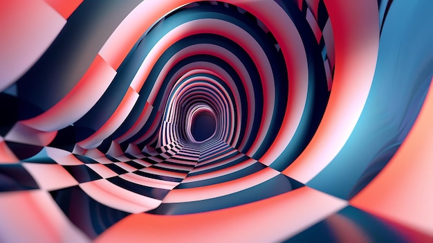 3D rendering Abstract striped tunnel Checkered floor Pink and blue colors