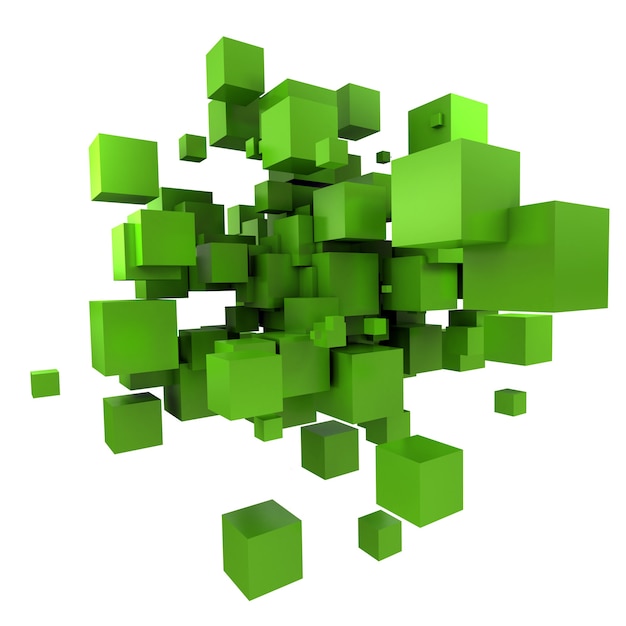 Photo 3d rendering of and abstract surface made of green cubes over white