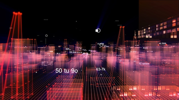 3D-рендеринг абстрактного технологического цифрового города из данных в киберпространстве, хранение информации в информационном пространстве