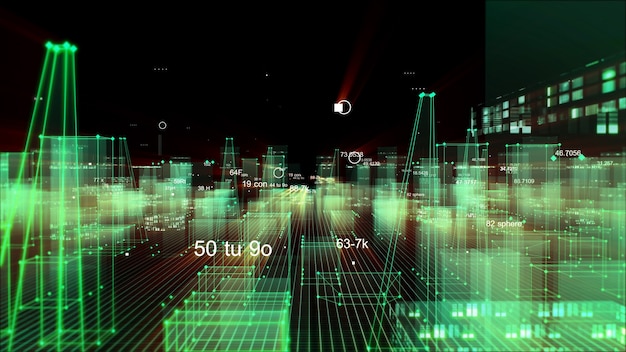 3D rendering abstract technological digital city from data in cyberspace, information storage in the information space