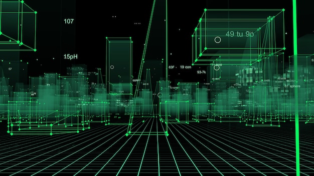 3D-рендеринг абстрактного технологического цифрового города из данных в киберпространстве, хранение информации в информационном пространстве