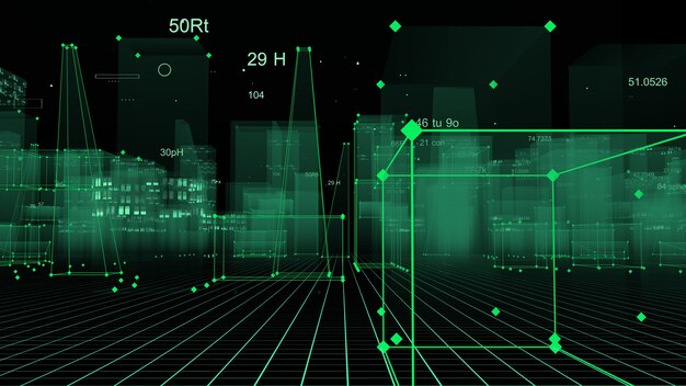 3D Rendering abstract technological digital city from data in cyberspace, information storage in the information space