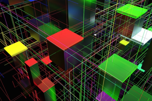 3d rendering abstract technology background. cubes with glow\
elements and connecting lines. technology business internet and\
communication concept. block structures.