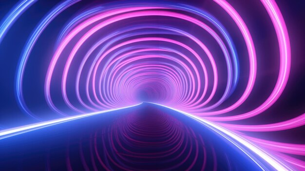 3d 렌더링 파란색 분홍색 네온 줄무늬와 오름차순 리본으로 구성된 추상 터널 배경