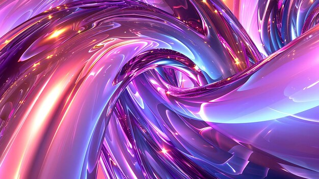 3D 렌더링 추상적인 휘어진 모양 핑크, 보라색 및 파란색 빛나는 반이는 표면 액체 또는 금속 모양 미래의 개념