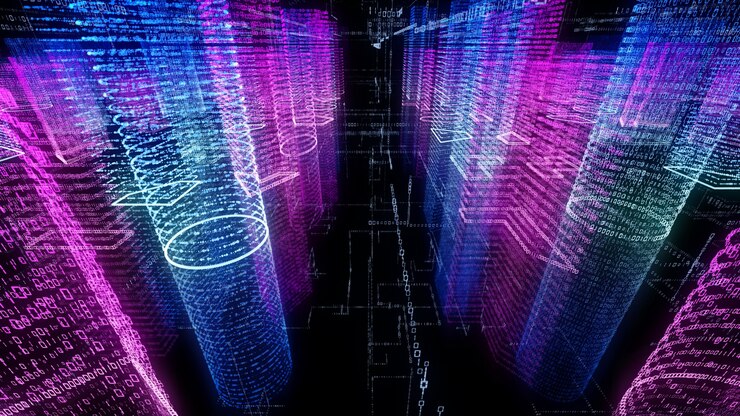 Photo 3d rendering of abstract virtual city inside a computer system hologram 3d big data digital city