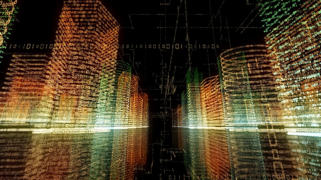 3d rendering of abstract virtual city inside a computer system hologram 3d big data digital city