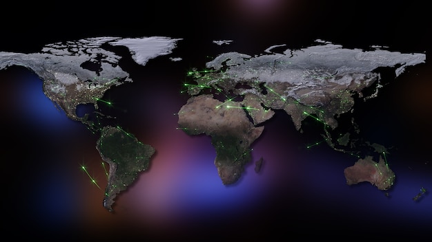 세계 네트워크 인터넷 및 글로벌 연결 개념의 3D 렌더링 개요