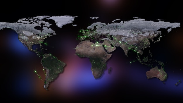 世界のネットワークインターネットとグローバル接続の概念の3Dレンダリングの要約