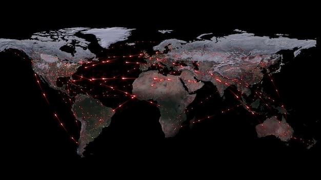 世界のネットワークインターネットとグローバル接続の概念の3Dレンダリングの要約