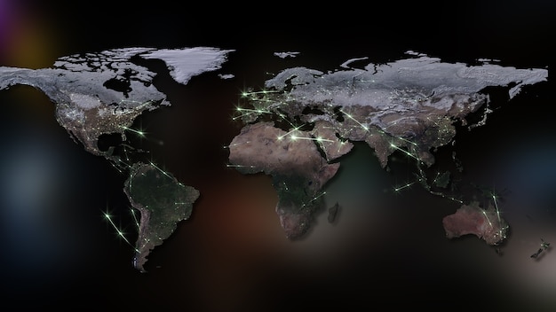 世界のネットワークインターネットとグローバル接続の概念の3Dレンダリングの要約