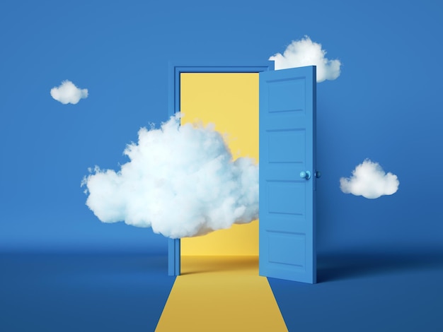 3D rendering abstracte blauwe achtergrond met open deur en witte wolken die naar buiten vliegen
