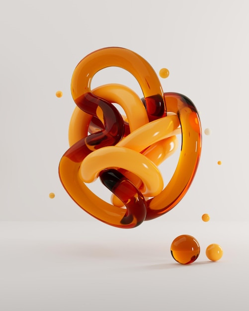 3d-rendering abstracte buis gele en transparante vormen. geïsoleerd op lichte achtergrond druppels bubble ballen zwevende. creatief ontwerp behang. vloeibare illustratie