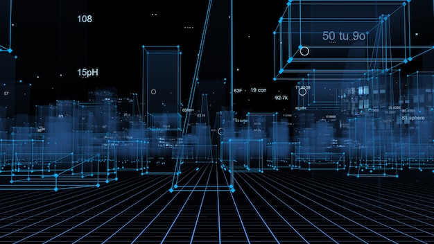 3D rendering abstracte technologische digitale stad van gegevens in cyberspace, informatieopslag in de informatieruimte