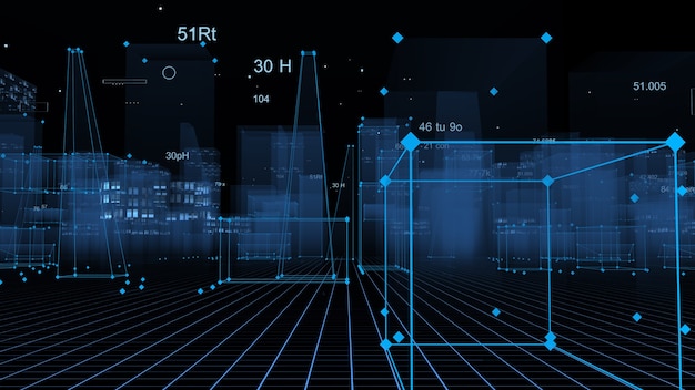 3D rendering abstracte technologische digitale stad van gegevens in cyberspace, informatieopslag in de informatieruimte