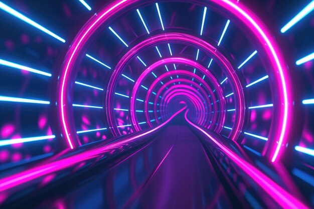 3d-rendering Abstracte tunnelachtergrond gemaakt van blauw-roze neonstrepen en oplopende linten