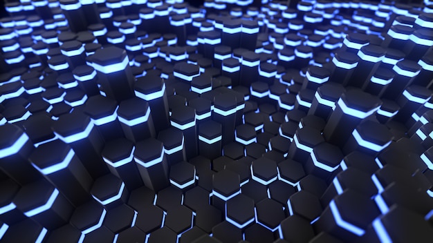 3D-rendering Abstracte zeshoek met neon geometrie achtergrond