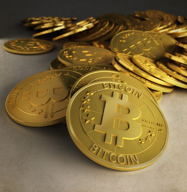 3D rendering af a group of bitcoins