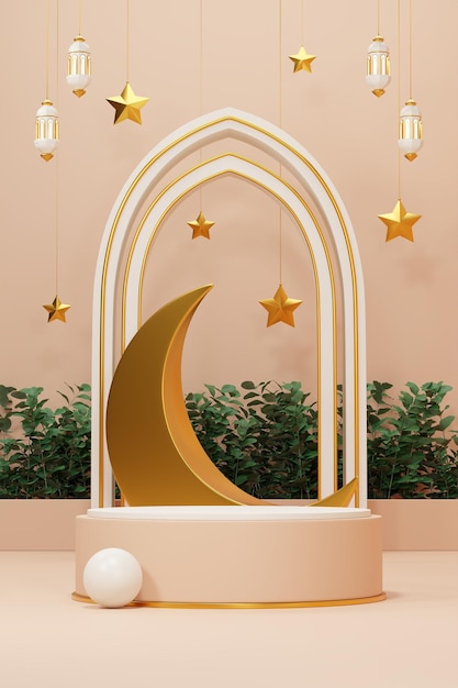 3D-rendering afbeelding van ramadan en eid fitr thema begroeting achtergrond met islamitische decoratie objecten
