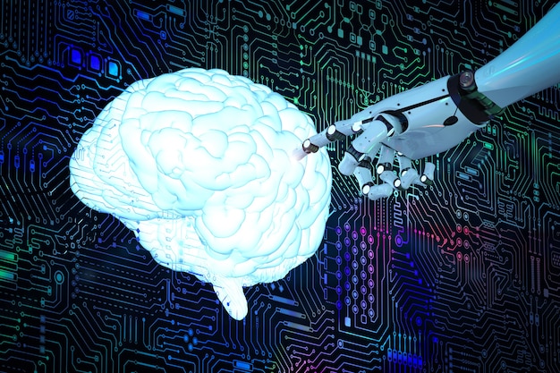 Photo 3d rendering ai brain with cyborg hand on circuit background