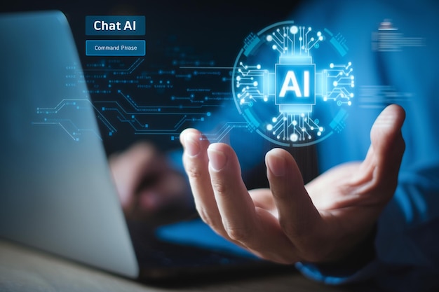 3Dレンダリング AI チャットボットとフィンテックイノベーション技術コンセプト