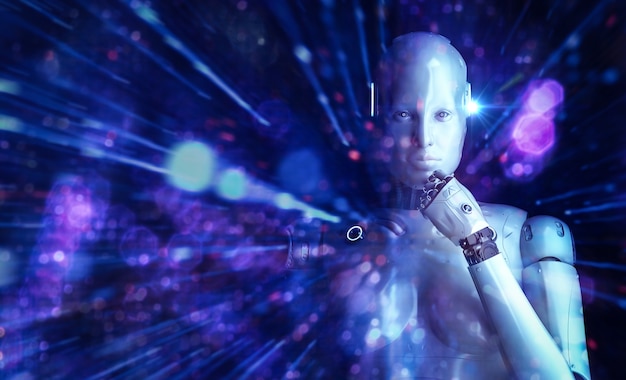 3d rendering ai robot think or compute with shining light